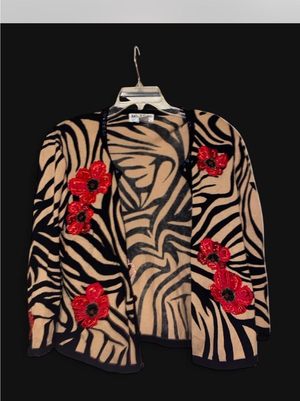 Embellished Zebra Stripe Open Cardigan - Red Floral Accent